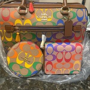 NWT! RARE authentic Coach Rainbow Pride Rowan Satchel 3 set!